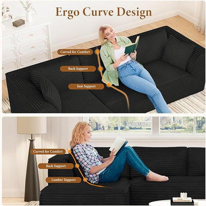 Vesgantti 106" Boneless Couch with Chaise, Deep Seat Comfy Cloud Modular Sofa Corduroy Memory Foam Sectional Couches for Living Room Bedroom, No Assembly Required (Black, Left-Facing Chaise)