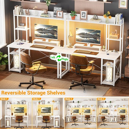 Cyclysio Gaming Desk with Hutch, 47'' Computer Desk with LED Lights & Power Outlets, Home Office Desk with Reversible 5 Tiers Storage Shelves & Monitor Stand, Small Gaming Table for Small Space, White