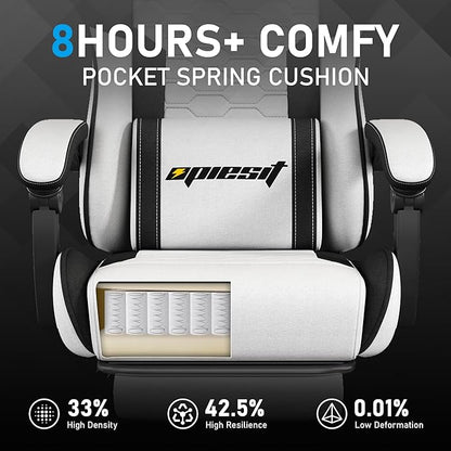 Gaming Chair, Computer Chairs for Adults with Lumbar Support and Massager, Comfortable Gamer Chair with Footrest & Pocket Spring Cushion, Ergonomic Home Office Chair, White, Fabric