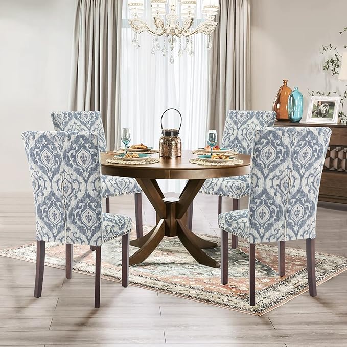 Parsons Dining Chairs Set of 4, Upholstered Nailhead Dining Room Kitchen Side Chair with Thick Cushions and Wood Legs, White/Blue