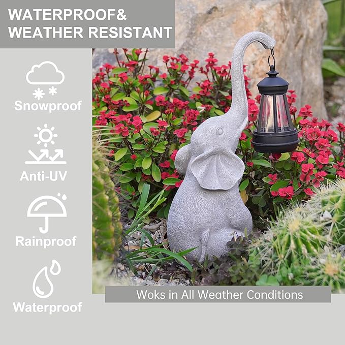 DiliComing Elephant Resin Sculpture - 12 Inch Solar-Powered Outdoor Garden Decor, Housewarming & Birthday Gift for Women, UV-Resistant Coating - Elephant Statue