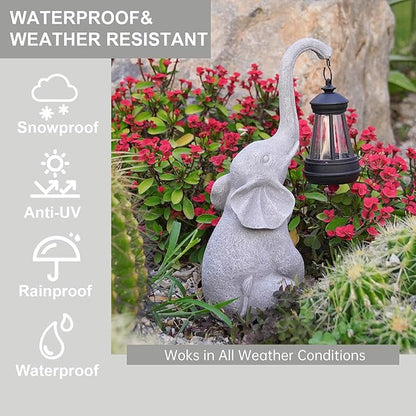 DiliComing Elephant Resin Sculpture - 12 Inch Solar-Powered Outdoor Garden Decor, Housewarming & Birthday Gift for Women, UV-Resistant Coating - Elephant Statue