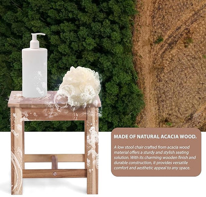 12 Inch Wooden Step Stool, Small Nature Beach Chair Under Desk, Indoor Acacia Wood Short Footstool for Living Room, Kitchen, Bathroom