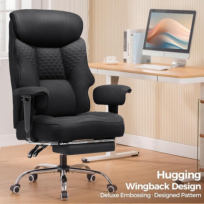 GTRACING Big and Tall Office Chair 400LBS Wide Ergonomic Fabric Deluxe Embossing Designed Gaming Chair with Foot Rest,150°Reclining Adjustable Armrests Pocket Spring Back Support and Pillow