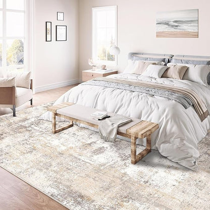 5x7 Washable Area Rug Beige Grey Neutral Abstract Living Room Bedroom Throw Rug Non Slip Soft Low Pile Indoor Floor Carpet for Dining Room Kitchen Office Entryway Home