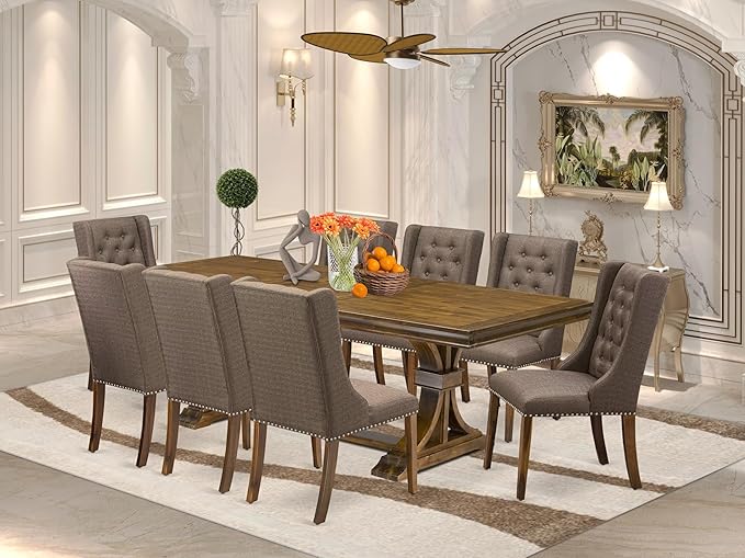 LEFO9-AWA-18-9-Piece Kitchen Table Set Includes a Breakfast Table and 8 Brown Linen Fabric Parson Chairs with Button Tufted Chair Back - Antique Walnut Finish.