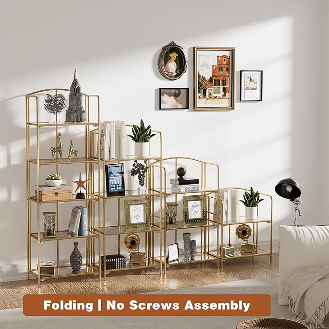 Crofy No Assembly Folding Bookshelf for Living Room, 5 Tier Gold Collapsible Book Shelf for Home Office, Portable Bookcase Storage Organizer