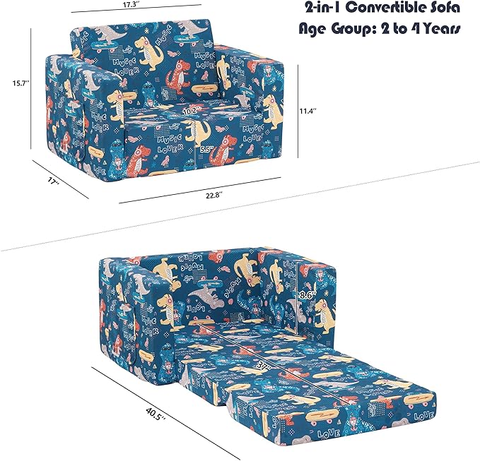 Ulax furniture Kids Sofa Couch, Children Flip-Out Chair 2-in-1 Toddler Chairs Convertible Sofa to Lounger