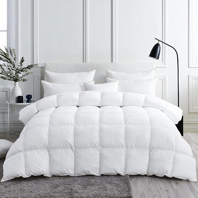 Luxurious White Solid Medium Weight, California King Size Goose Feathers Down Comforter for All-Season Weather Duvet Insert, Premium Baffle Box, 100% Egyptian Cotton Cover, 70 oz. Fill Weight