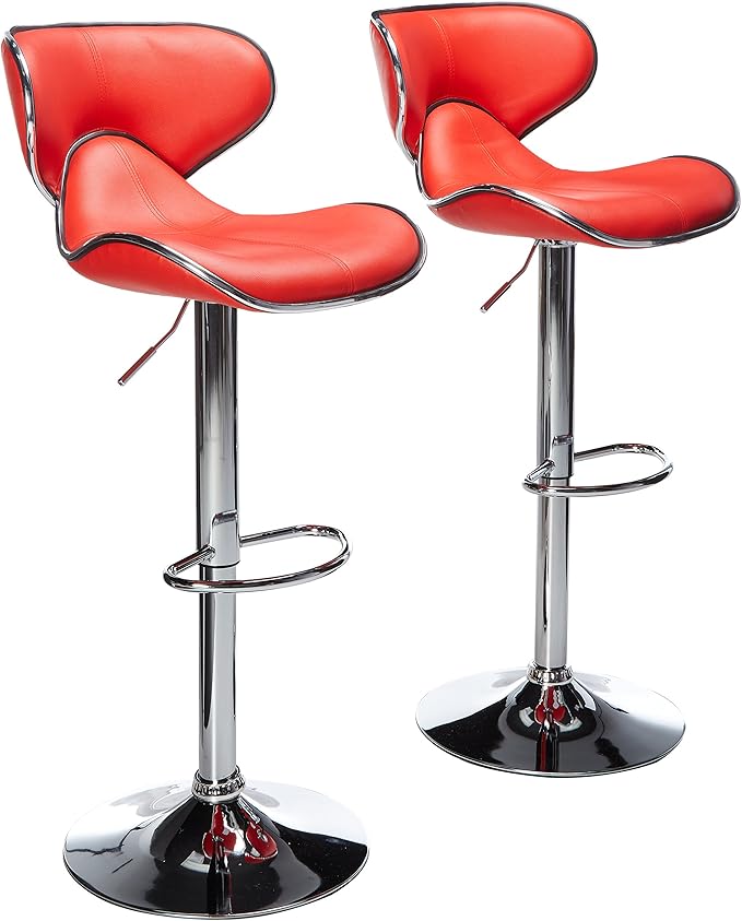 Roundhill Furniture Masaccio Cushioned Leatherette Upholstery Airlift Adjustable Swivel Barstool with Chrome Base, Set of 2, Red