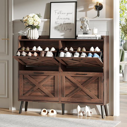 Maupvit Large Shoe Storage Cabinet with 4 Flip Drawers, Narrow Shoe Cabinet for Entryway with Wooden Legs, Freestanding Hidden Shoe Rack Organizer ＆ Metal Hinges, Walnut