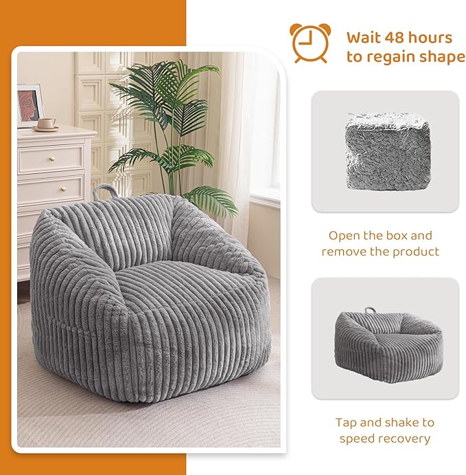 BYBYME Giant Bean Bag Chair for Adults and Kids, Large Comfy Cozy Beanbag, Floor Sofa for Teens, Living Room, Gaming, Reading, Grey