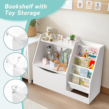 TOETOL 2 Tier Kids Bookshelf and Book Storage，4 Sling Toddler Bookshelf, Storage Boxes Book Shelf & Organizer for Nursery Playroom Classroom Library Bedroom White