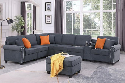 L-Shape Modular Sectional Sofa for Living Room with Movable Ottoman & Nailhead Trim Armrest,7 Seat Convertible Sectional Couch W/Cup Holder,USB Port & Hidden Storage Box,6 Pillow,Gray,127"