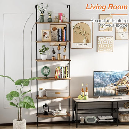 Bookcase Rustic Brown 6 Tiers Modern Bookshelf Room Organizer Open Tall Wall Mount Bookcase Standing Leaning Wall Shelves Industrial Decorative Living Room Bed Room (Rustic Brown)