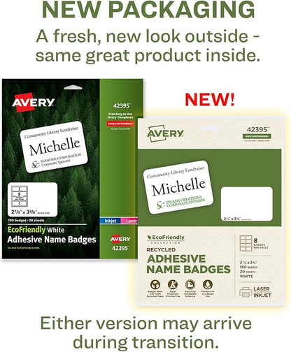 Avery EcoFriendly Recycled Name Tags, 2-1/3" x 3-3/8", White, Removable Adhesive, 160 Printable Name Badges (42395)