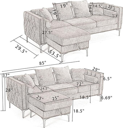 Ball & Cast 85" L Shaped Sectional Sofa with Storage Ottoman, Morden 3 Seater Tufted Couch with Nailhead Trim and Metal Legs for Living Room, Apartment, Office, Blue
