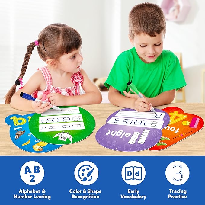 D-FantiX 55 Pcs Dry Erase Number & Alphabet Flash Cards for Toddlers, Double Sided Write and Wipe Educational Preschool Flashcards, Number Colors Shapes Letters Tracing Handwriting Practice for Kids