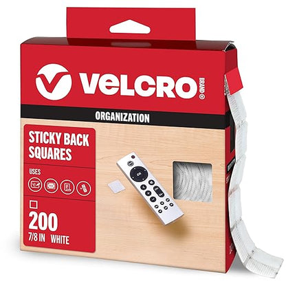 VELCRO Brand Mounting Squares | Square Dots with Adhesive 200pk, 7/8" White | Sticky Back Hook and Loop for Teacher Supplies, Office Organization (30705)