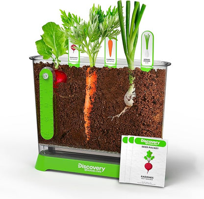 Discovery™ Edible Veggie Garden Watch-It-Grow Kit – DIY STEM Activity for Kids | Grow Carrots, Radishes & Onions| 11-Piece Science Kit with Seeds, Potting Mix & Root Tracker| Learning Toy Gift Ages 6+