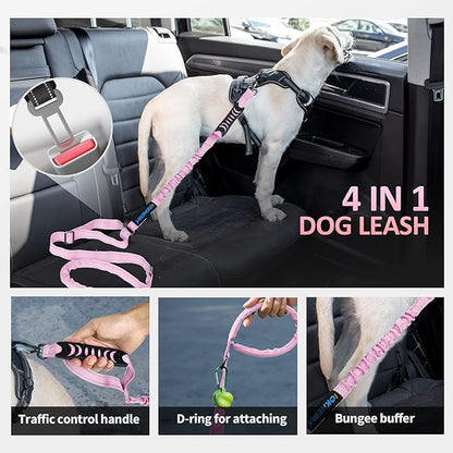 IOKHEIRA Dog Leash, Multifunctional for Medium & Large Dogs, Adjustable with Car Seatbelt, 4-6 FT Strong Bungee, Pink