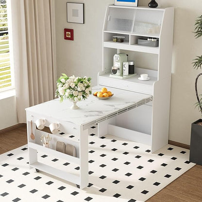 Merax Sideboard Buffet Cabinet with Foldable Dining Table, Multifunctional Cupboard with Storage Shelf and Hooks, for Small Places,Studio, Apartment