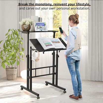 Hadulcet Mobile Standing Desk with Charging Station, Adjustable Standing Computer Desk, Standing Adjustable Laptop Cart with Wheels for Home Office Classroom Black
