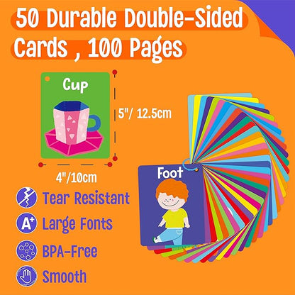 50 PCS Kid First Cognitive Flashcards,Double Sided Printed 7 in 1 Colorful Cards Alphabet,Numbers, Foods,Animals,Shapes,Colors with 3 Reclosable Rings,Learning Tool for Pre-K Kindergarten Toddlers