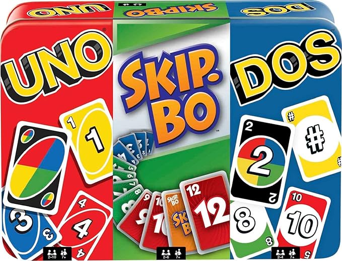 Mattel Games Set of 3 Games with UNO, Skip-Bo & DOS, Travel Games for Kids & Family Night with Storage Tin Box