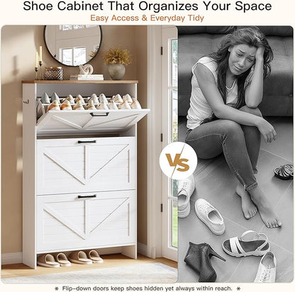 Nicetree Shaker Barn Door Shoe Cabinet, 3 Flip Drawers & 3Tier Adjustable Shelves, Ultra Slim Freestanding, Modern Rustic Brushed White Farmhouse Shoe Rack for Entryway, Hallway, Foyer & Mudroom White