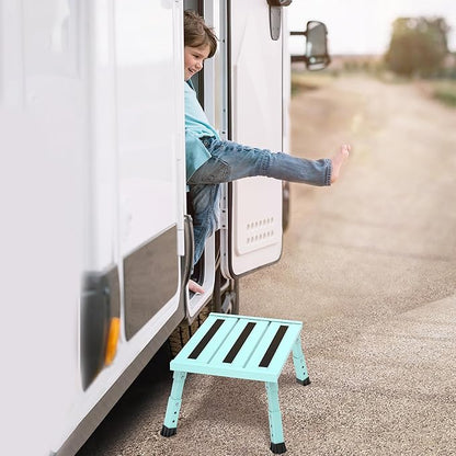 Adjustable Height Aluminum RV Step, Stable Foldable Platform Step Stool, Supports Up to 1,000 lb, Non-Slip Rubber Feet and Platform Mat, Easy to Carry (Green)