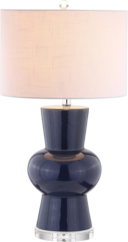 JONATHAN Y 28.5" Navy Ceramic Table Lamp for Living Room Bedroom Nightstand, Modern Hourglass LED Bedside Lamp with Crystal Base and Linen Shade (JYL4027B)