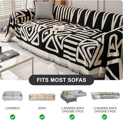 STACYPIK Boho Geometric Sofa Cover Chenille Beige Black Couch Cover for Dog Pet Friendly Couch Protector for 3-4 Cushion Couch Non-Slip Jacquard Sectional Couch Cover Tassels Sofa Slipcover-71x150IN