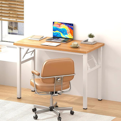DlandHome Folding Desk - 31.5 Inch Small Computer Desk for Home Office - Folding Table Writing Table for Small Spaces - No Assembly Required - Teak & White Frame
