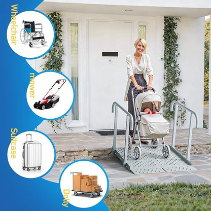 Portable Wheelchair Ramp with Handrails, 1-7" Aluminum Handicap Ramp for Home Steps, Stairs, Porches, Heavy Duty Folding Threshold Ramp with Non-Slip Surface & Safety Rails, Supports up to 770 lbs