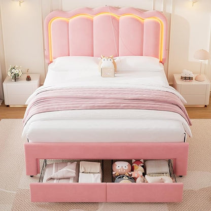 Queen Upholstered LED Bed Frame with 2 Storage Drawers and Adjustable Chic Double Wavy Headboard, Velvet Princess Platform Bed with Charing Station, Solid Wood Slats Support,No Box Spring Needed, Pink