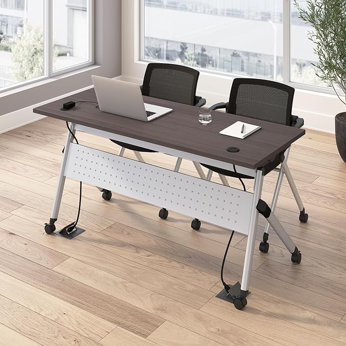 Bush Business Furniture Folding Training Table Set for 2, 60 inch Desk with Powered Grommets and 2 Chairs with Arms, Commercial-Grade Bundle for Office or Classroom, Envision Collection, Gray