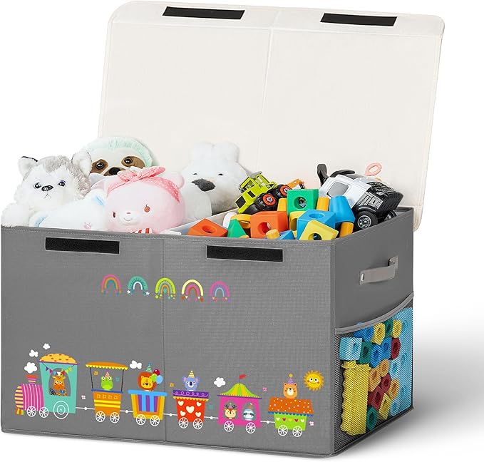 80L Large Toy Storage Box with Lid, Large Toy Box Chest for Kids, Girls and Boys, Nursery Room and Living Room, 26"x13" x16" (grey-train)
