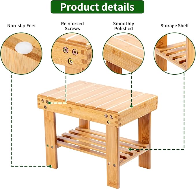 VaeFae Bamboo Small Seat Stool for Kids, Foot Rest Shaving Stool,Storage Shelf, Durable Lightweight and Anti Slip, for Home, Bathroom,Bedside | Nursery School
