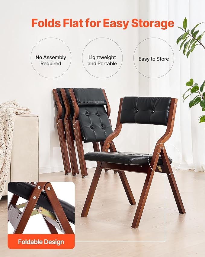 VEVOR Wooden Folding Chairs with Leather Cushion, Set of 2, Portable Foldable Cushion Chair with Wooden Frame, Easy Assembly, Modern Leather Padded Dining Chair for Office, Wedding, Party, Home, Black