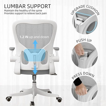 Monhey Office Chair Ergonomic Desk Chair with Lumbar Support&Headrest&Flip-up Arms Height Adjustable Rocking Swivel High Back Computer Chair Warm Taupe Mesh Study Chair (01White+Gray)