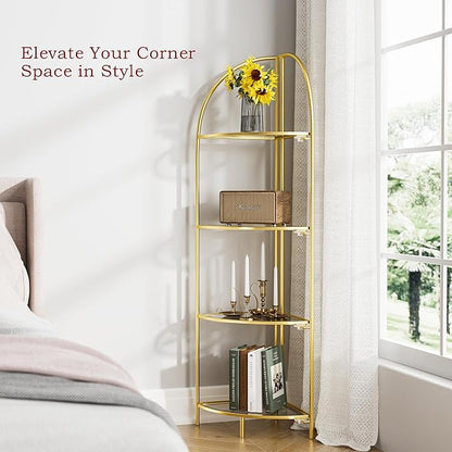 Crofy Foldable 4 Tier Corner Shelf, Metal Corner Plant Stand with Gold Frame and Transparent Shelves, Corner Display Rack Multipurpose Shelving Unit for Living Room, Bedroom, Bathroom