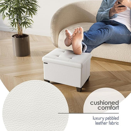 STORAGEBUD Storage Ottoman Cube with Small Bin, 16-in Square Ottoman with Storage for Living Room and Bedroom, Small Ottomans Foot Rest, Faux Leather Foot Stools Ottomans Max 330lbs, Cream