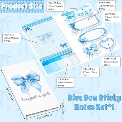 Xqumoi Coquette Blue Bow Sticky Notes Set - I’m Just A Girl Self-Stick Note Pads Bowknot Notepads Writing Memo Pad Page Marker Bookmarker Preppy Girly Stuff Back to School Office Supplies Gift