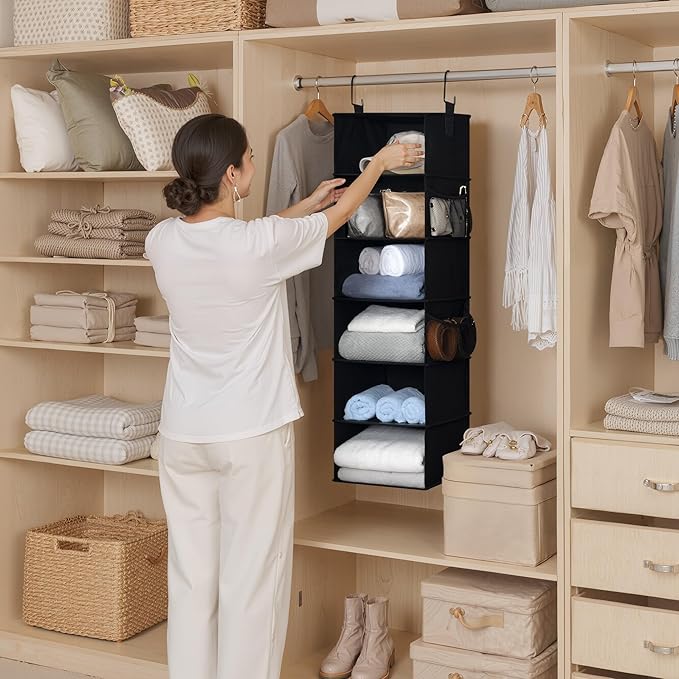 StorageWorks 6-Shelf Hanging Closet Organizers, Foldable Closet Storage Organizer with 2 Side Pockets, Portable Hanging Shelves for Wardrobe, Kid's Rooms, Dorms, RVs, 12" D x 12" W x 47 1⁄2" H, Black