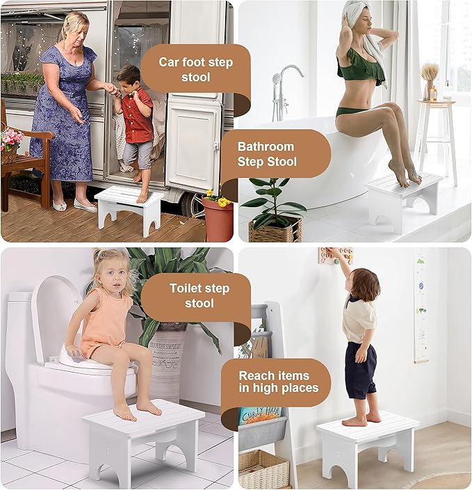 Wooden Step Stool for Adults, 9" Portable Wood Step Stool for Kids, Heavy Duty One Step Bedside Stool with 550 Lbs Load Capacity, Non-Slip White Foot Stool for Kitchen Bathroom Bedroom