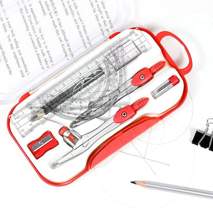 10 Pieces Math Geometry Kit Set Student Supplies with Shatterproof Storage Box,Includes Rulers,Protractor,Compass,Eraser,Pencil Sharpener,Lead Refills,Pencil,for School and Drawings（Red）