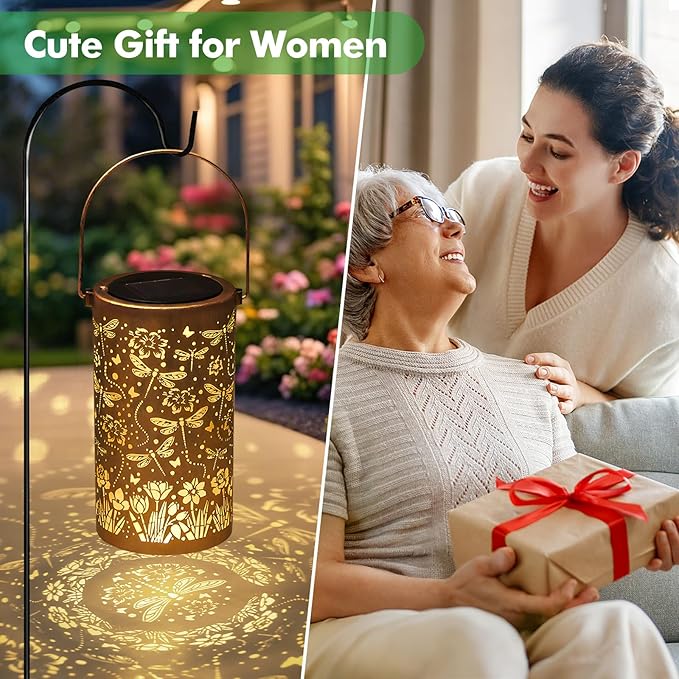 Fabuday Dragonfly Solar Lantern Gift for Women - Daffodils Outdoor Lanterns Waterproof for Patio, Yard, Porch and Pathway, Hanging Outside Garden Decor with Solar Power Lights