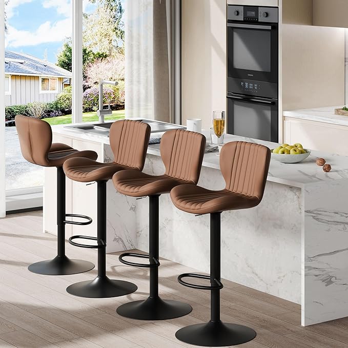 Shintenchi Bar Stools Set of 4 Modern Swivel Bar Chairs, Counter Height Faux Leather Metal Barstools, Upholstered Island Chairs with Back and Footrest, Coffee