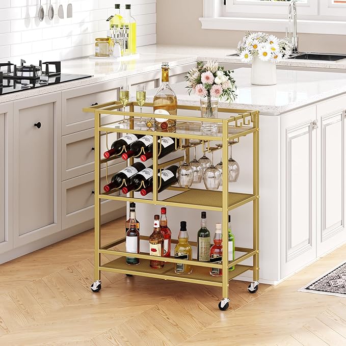 Bar Cart for Home, 3-Tier Serving Cart with Wheels and Handle, Beverage Cart with Wine Rack and Glass Holders, Rolling Wine Cart for Kitchen, Dining Room, Gold RCJ61B01